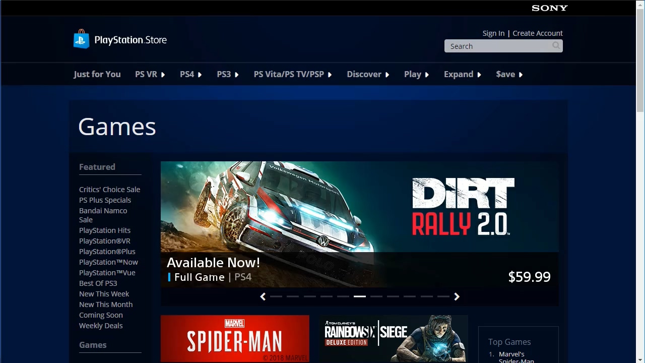 북미 PlayStation Store 메인 화면