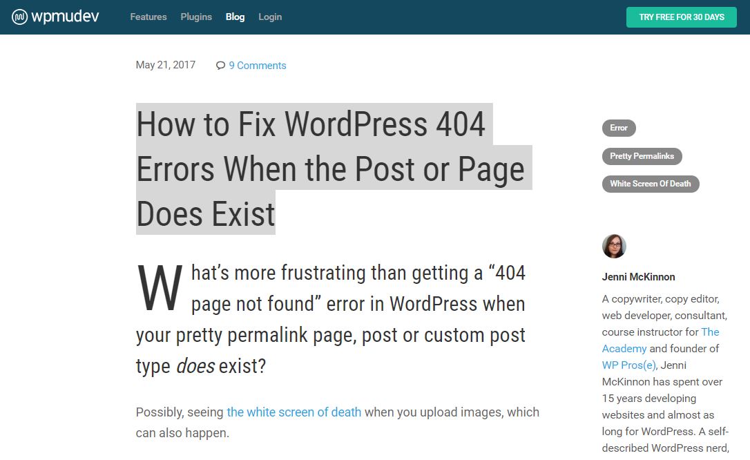 How to Fix WordPress 404 Errors When the Post or Page Does Exist 글 캡쳐 화면