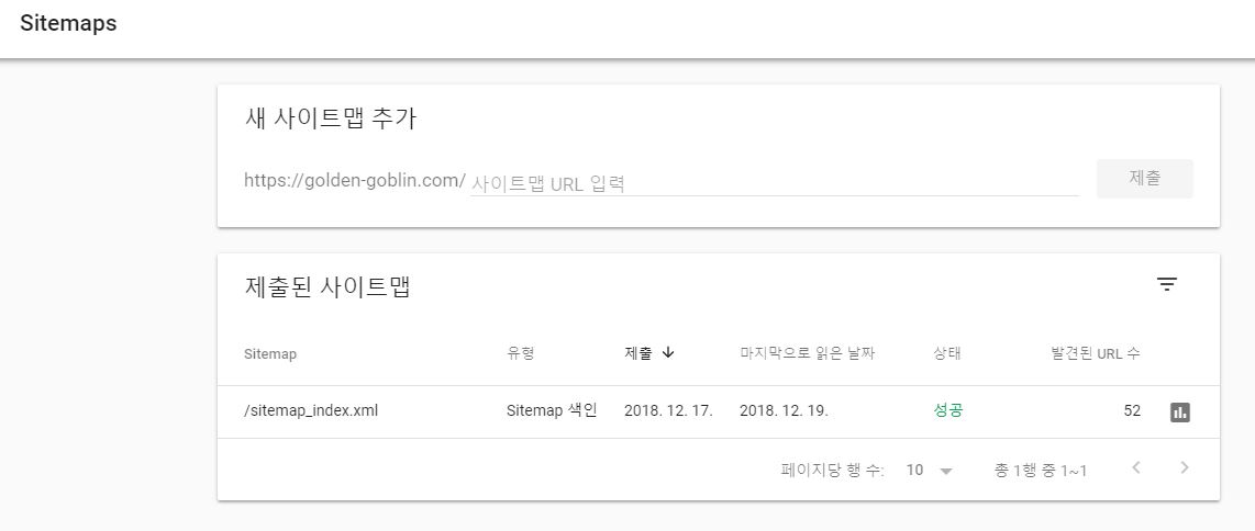 구글 웹마스터 사이트맵 제출 화면